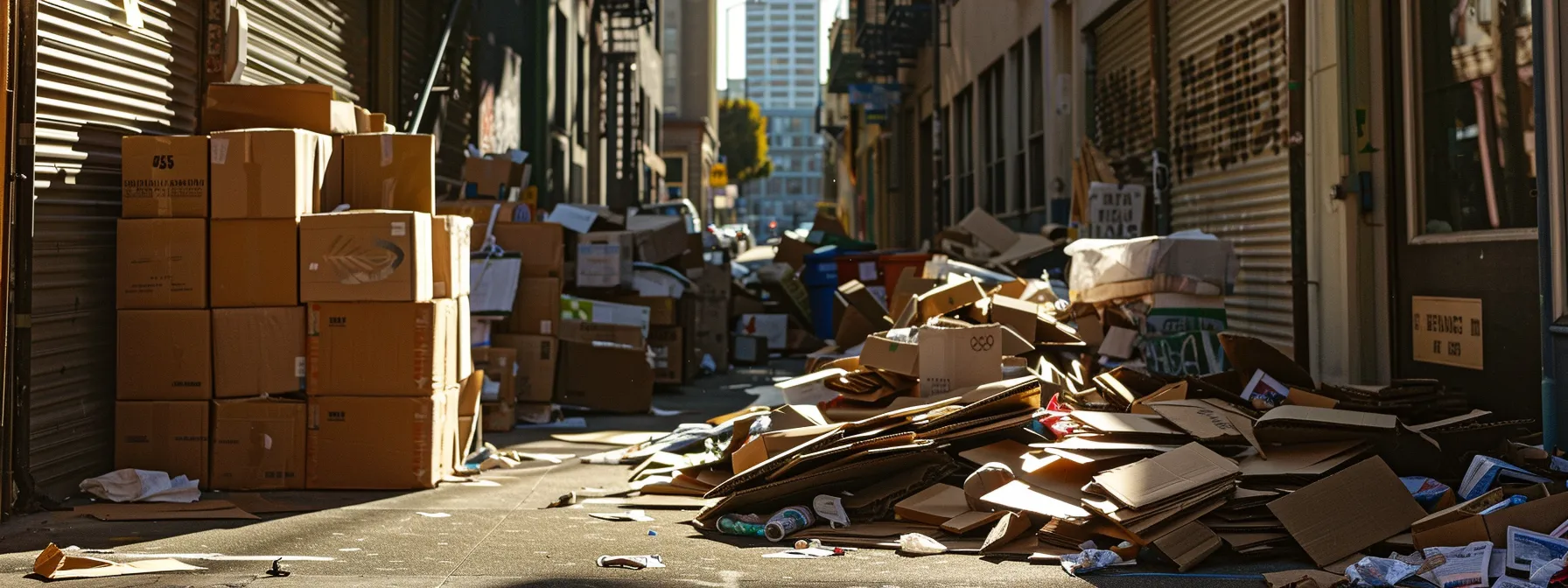 A Pile Of Flattened Cardboard Boxes Gathered From Local Businesses And Neighbors, Along With Repurposed Household Items Like Newspapers And Towels, Displayed In A Sunny Alley Of Downtown San Francisco.