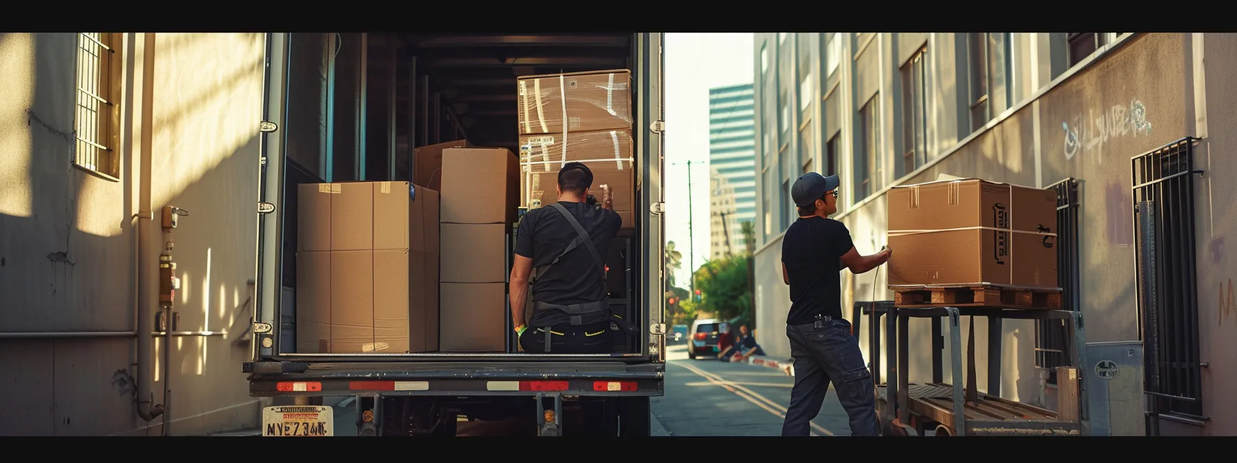 A Professional Commercial Moving Crew Carefully Packing And Loading Valuable Equipment Into A Moving Truck In Los Angeles, Ensuring A Stress-Free And Efficient Relocation Process.