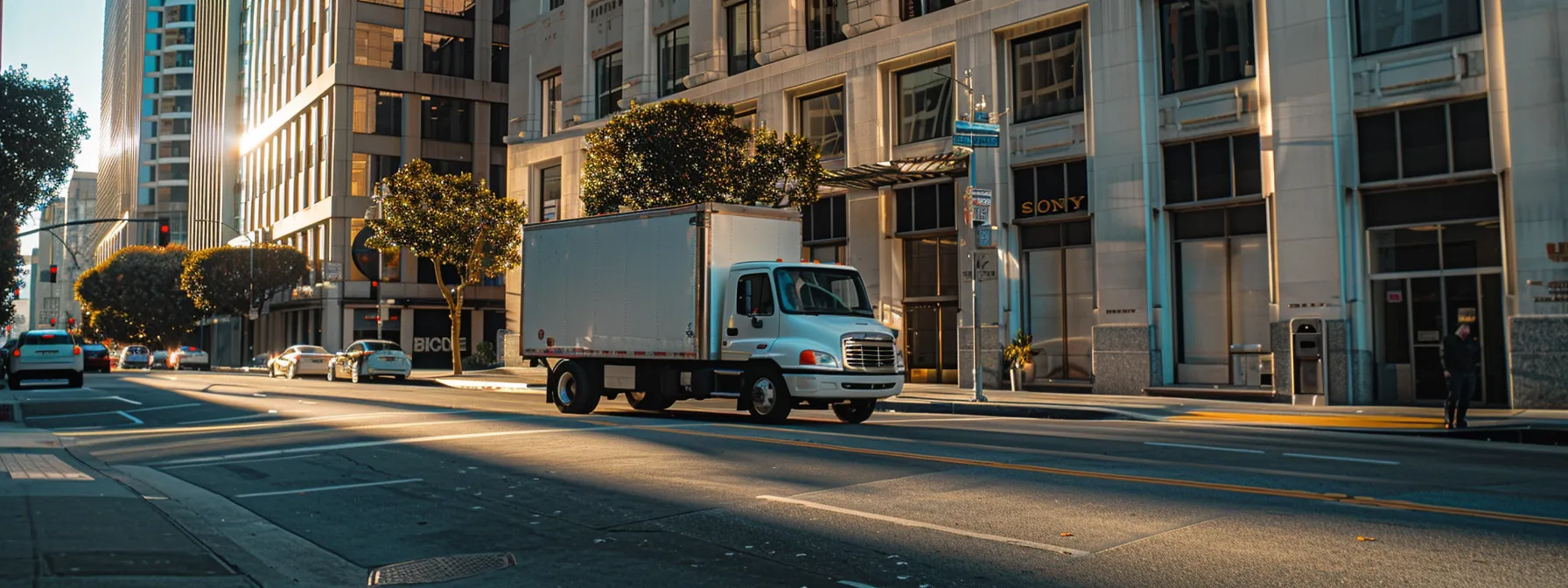 A Professional Commercial Moving Company Vehicle Parked Outside A High-Rise Office Building In Downtown San Francisco.