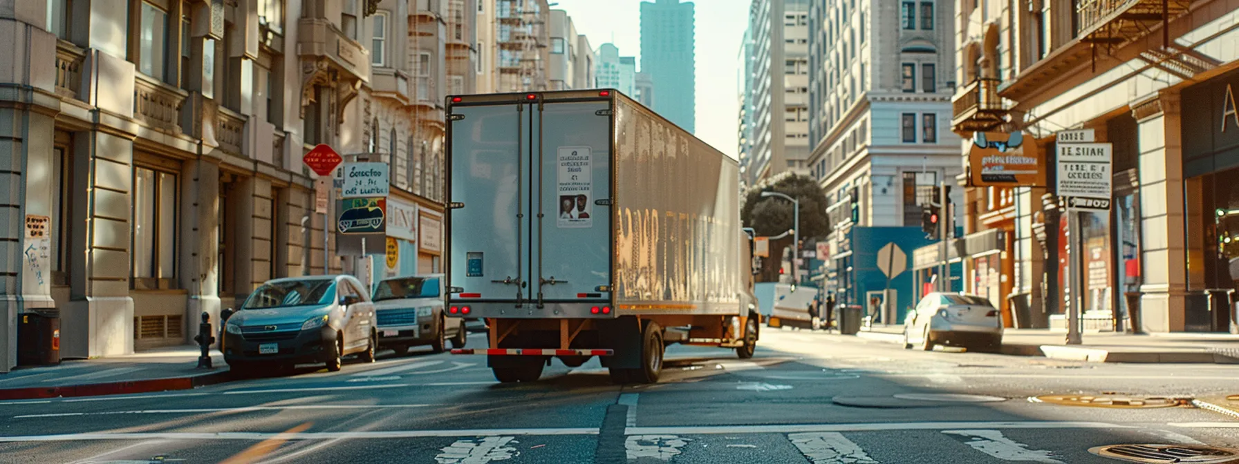 A Professional Interstate Moving Company Transferring Furniture Through The Bustling Streets Of Downtown San Francisco, Showcasing Efficiency And Expertise In Relocation Services.