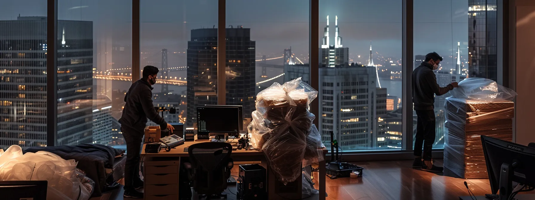 A Professional It Team Carefully Wrapping And Protecting Computer Equipment With Bubble Wrap And Moving Blankets In A High-Rise Office Overlooking The Bustling City Streets Of Downtown San Francisco.