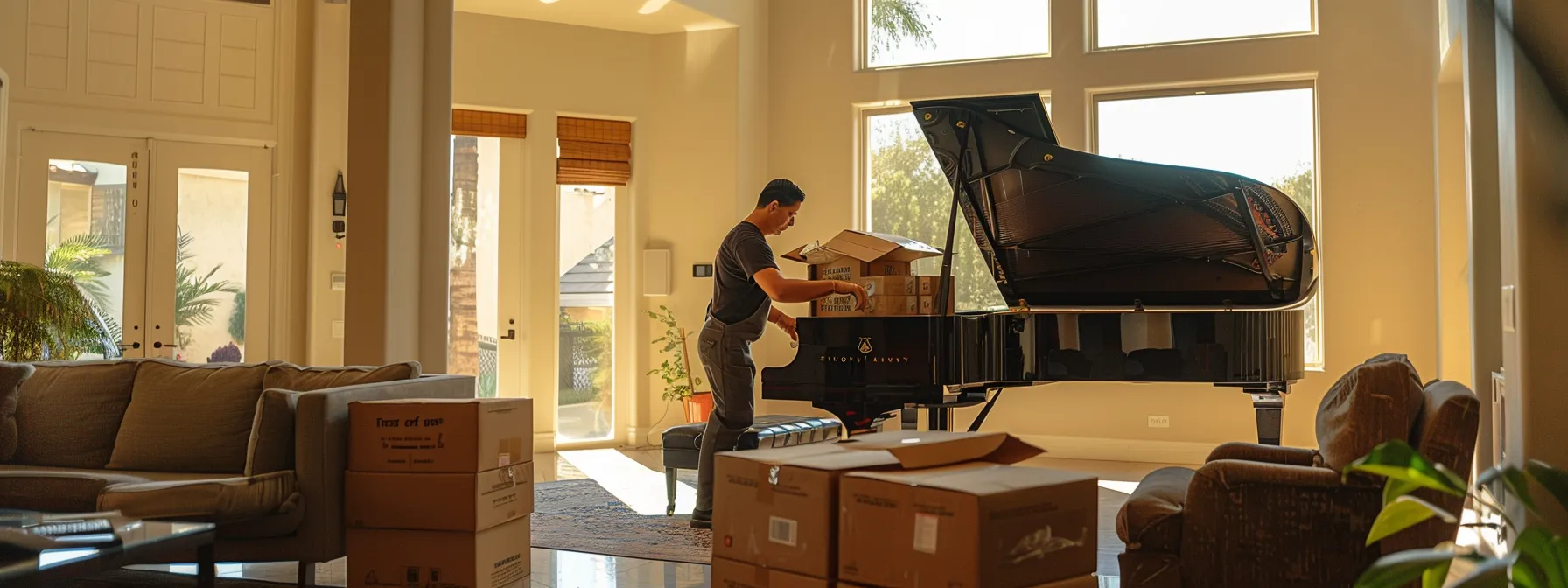 A Professional Mover Carefully Securing A Grand Piano With Specialized Equipment In A Spacious Living Room, Ensuring A Safe And Smooth Transition On Moving Day In Irvine, Ca.