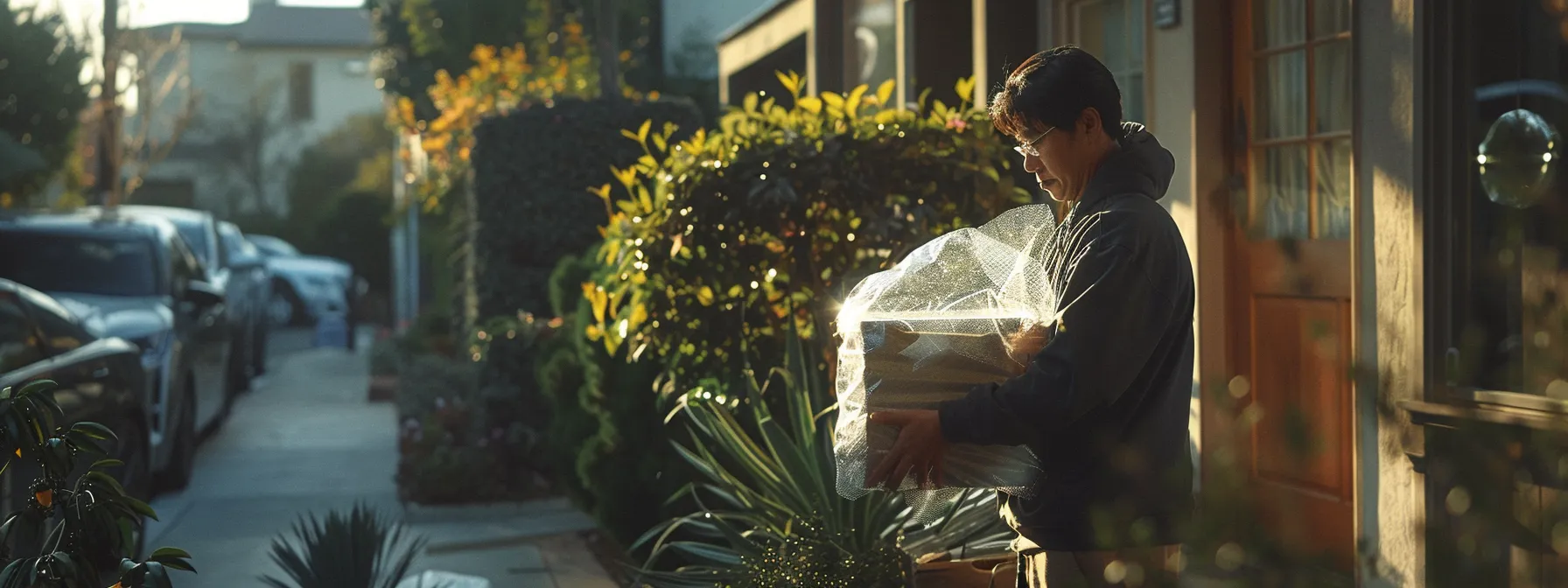 A Professional Mover Carefully Wrapping Delicate Items In Protective Bubble Wrap In A Sunny Los Angeles Neighborhood.