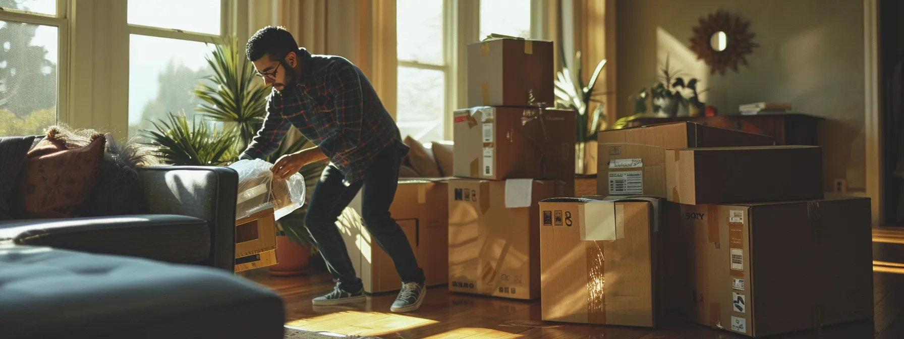 A Professional Mover In San Francisco Carefully Wrapping Delicate Items, Surrounded By Labeled Moving Boxes In A Spacious Living Room.