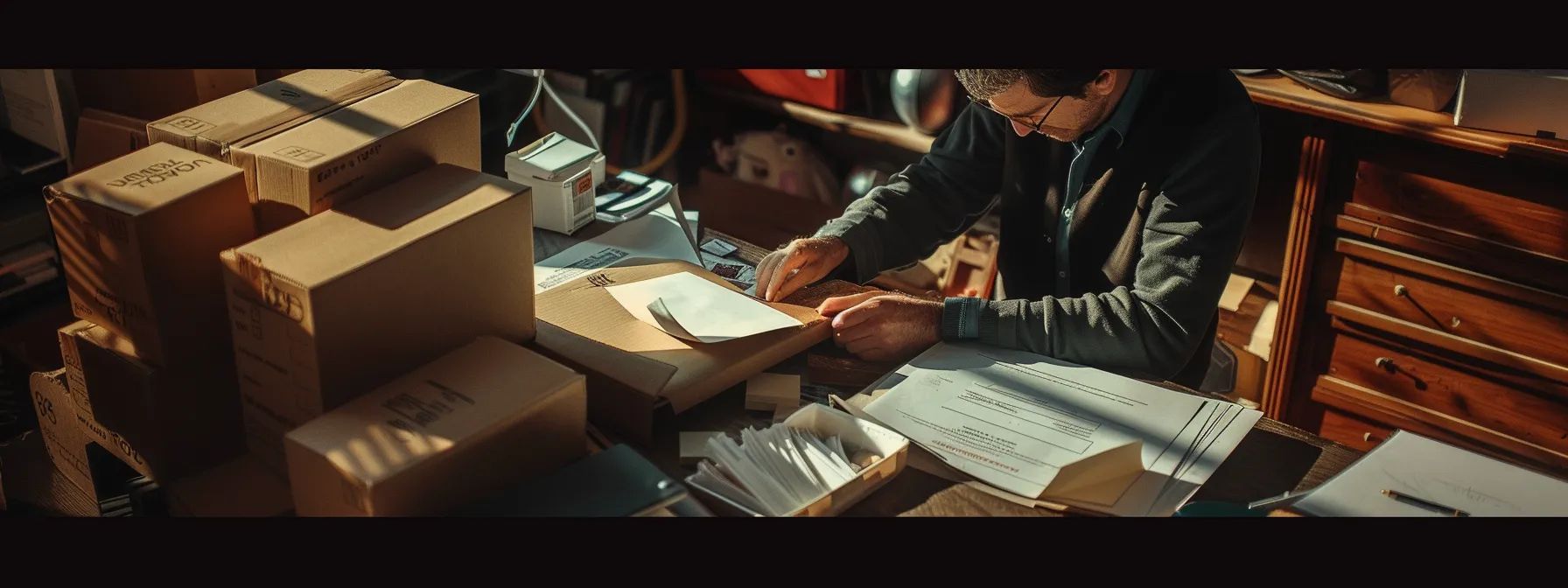 A Professional Moving Company In San Francisco Carefully Inspecting And Packing Household Items Into Labeled Boxes For A Long-Haul Relocation, Surrounded By A Stack Of Contract Papers And Moving Supplies.