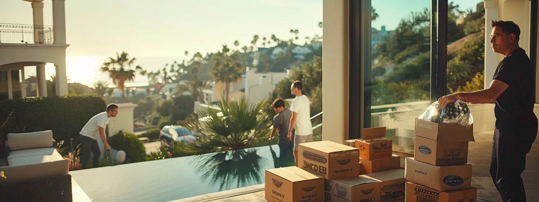 A Professional Moving Company Team Expertly Packing Fragile Items In Custom Boxes, With The Scenic Backdrop Of Laguna Beach Visible Through The Window.