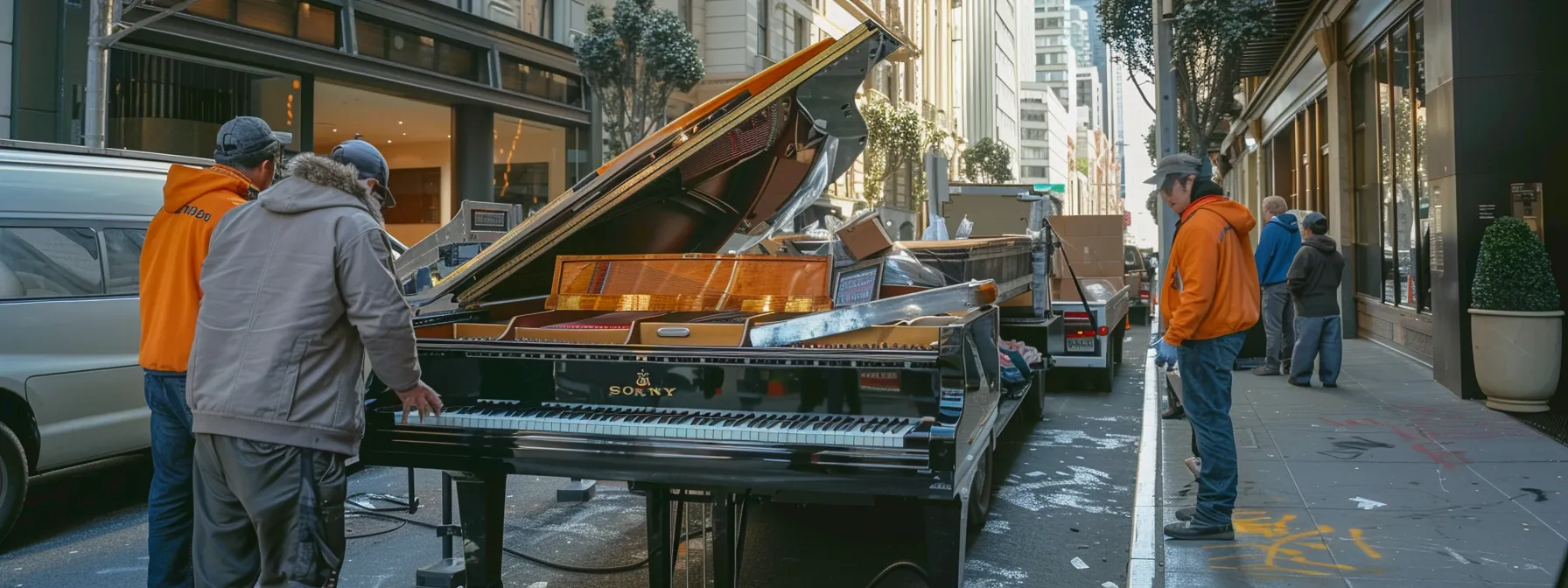 A Professional Moving Company Carefully Loading A Grand Piano Onto A Moving Truck In Downtown San Francisco.