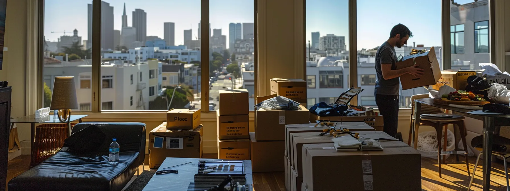 A Professional Moving Company Carefully Packing Delicate Items In A San Francisco Apartment, With Boxes Neatly Labeled And Ready For Transport.