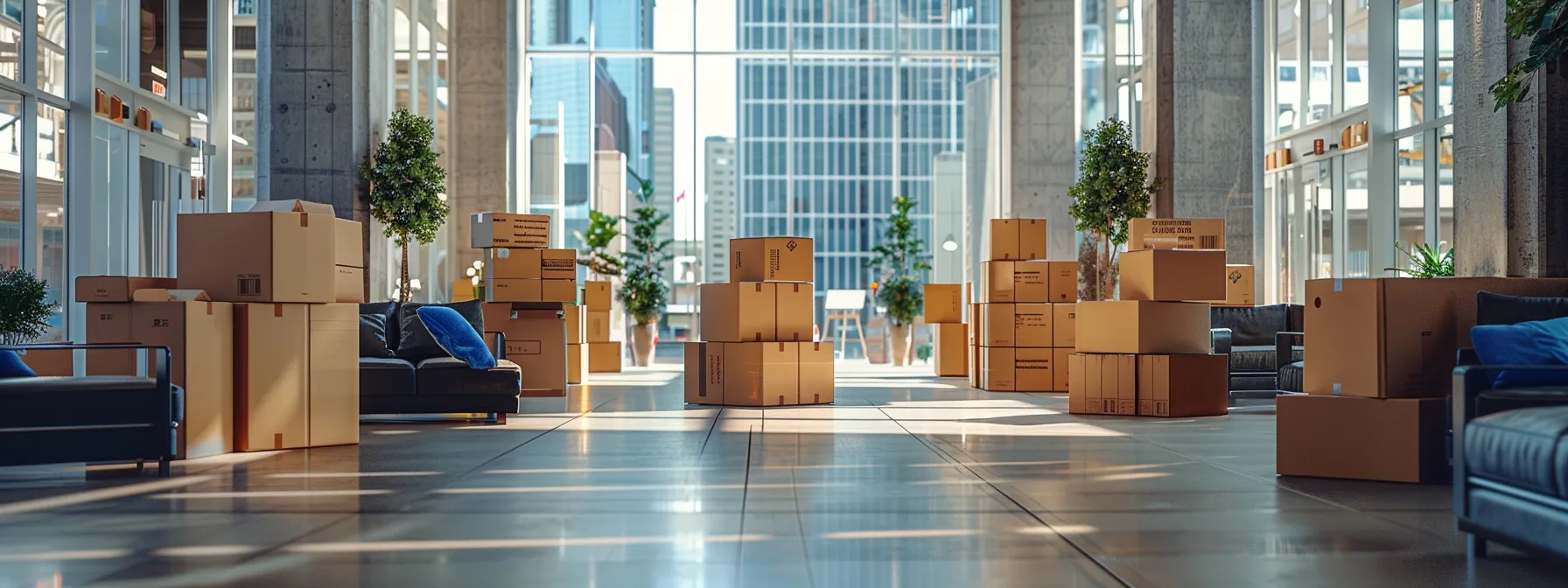 A Professional Moving Company Packing Boxes In A Modern Office Building In Downtown San Francisco, Showcasing Efficiency And Organization.