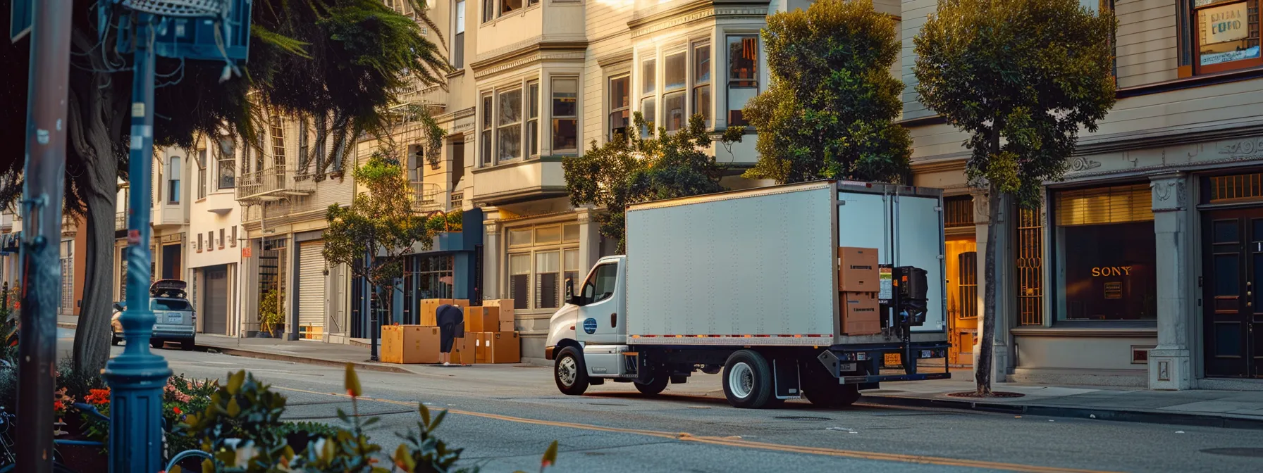 A Professional Moving Company Truck Parked On A Busy San Francisco Street, With Movers Unloading Specialty Items Carefully Labeled And Organized, Showcasing Their Expertise In Safe Transportation.