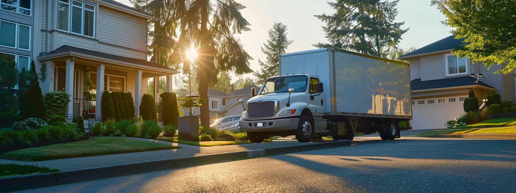 A Professional Moving Company Truck Parked In A Residential Neighborhood, Displaying Visible Usdot Numbers And Fmcsa Registration, With Movers Unloading Furniture Into A House, Ensuring Compliance And Reliability.