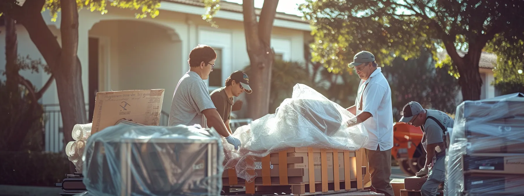 A Professional Moving Crew Carefully Wrapping Delicate Antiques In Bubble Wrap Under The Sunny Skies Of Orange County, Irvine, Ca.