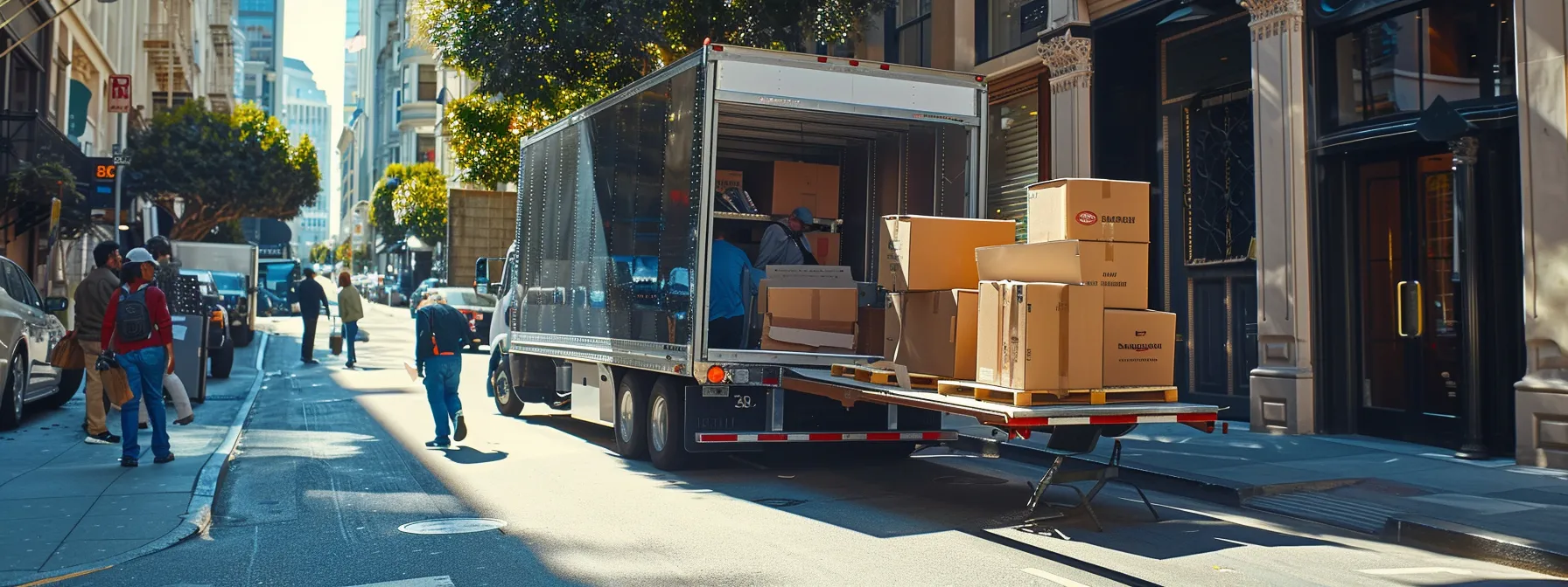 A Professional Moving Crew Carefully Loading Boxes And Furniture Into A Moving Truck In Downtown San Francisco.