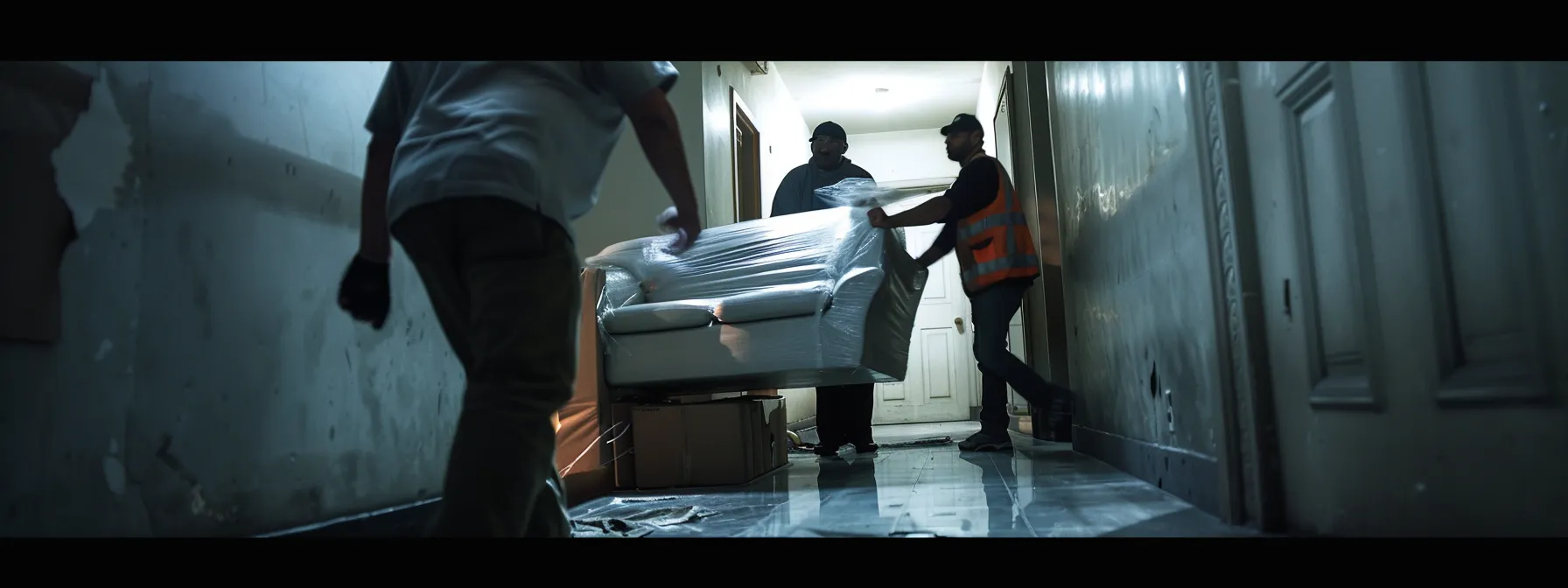 A Professional Moving Crew Carefully Maneuvering A Large Sofa Through A Narrow Urban Hallway In Los Angeles.