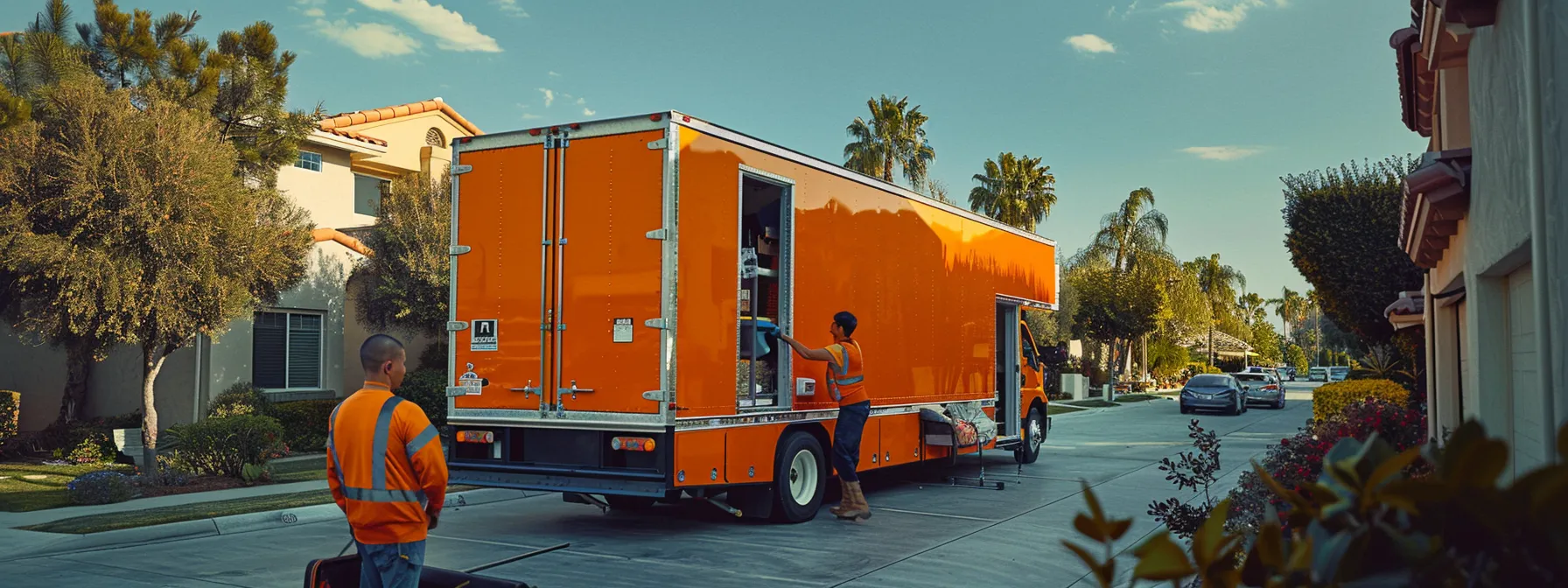 A Professional Moving Crew Carefully Loading Furniture Into A Bright Orange Moving Truck Under The Sunny Skies Of Irvine, California.