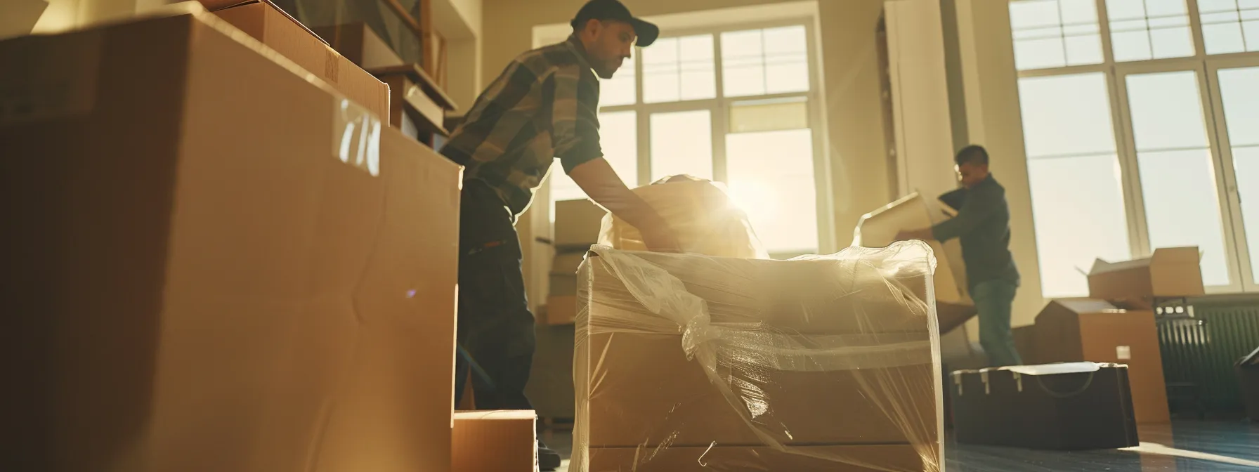 A Professional Moving Crew Carefully Wrapping Delicate Belongings In Protective Packaging, With Moving Boxes Stacked Neatly In The Background, Showcasing The Meticulous Full-Service Packing Offered By San Francisco's Top Moving Companies.