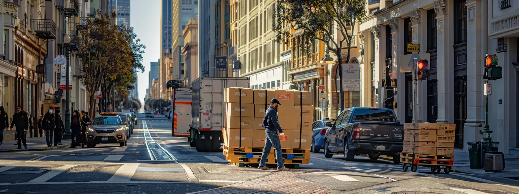 A Professional Moving Crew Carefully Transporting Office Equipment And Files Through The Bustling Streets Of Downtown San Francisco.