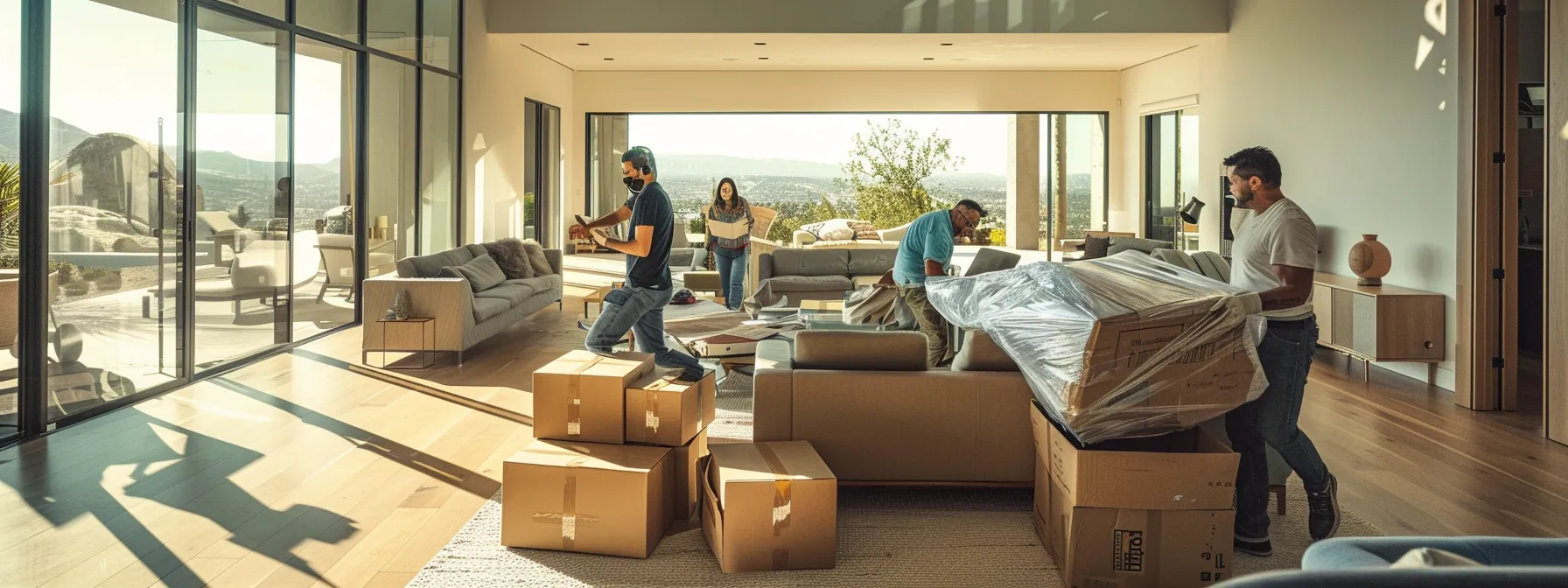 A Professional Moving Crew Carefully Wrapping And Securing Furniture In A Modern, Spacious Living Room In Los Angeles.