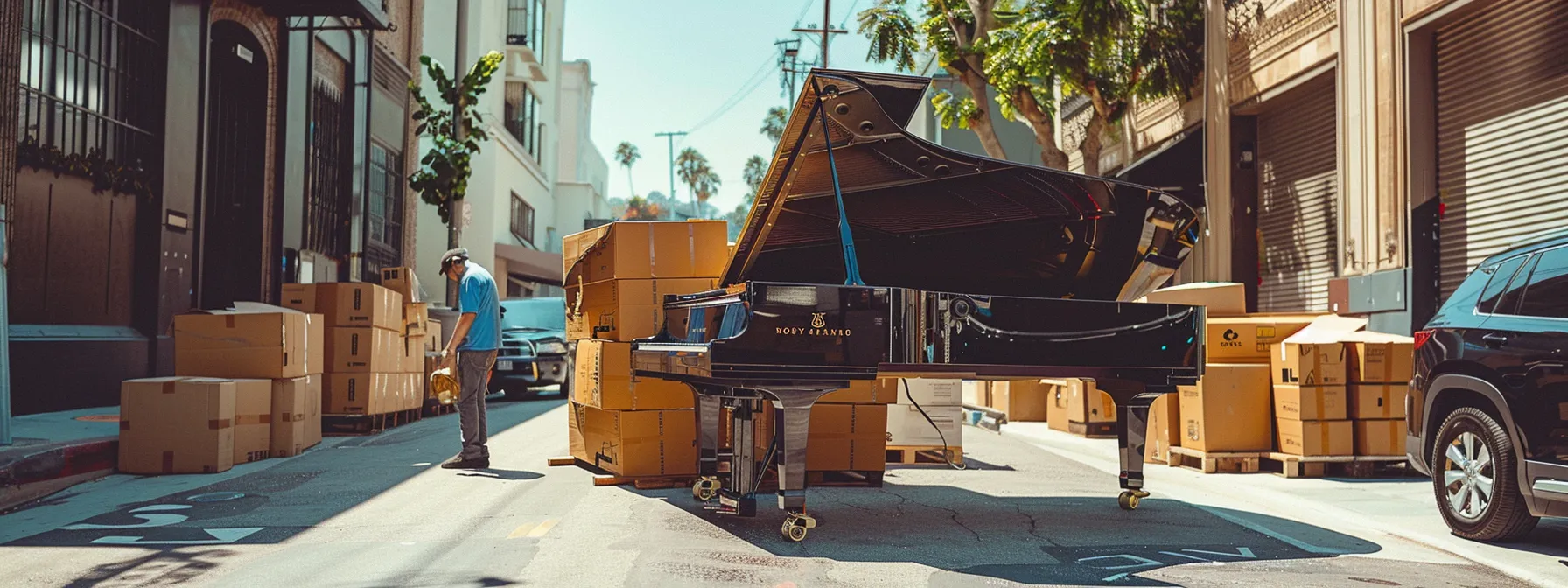 A Professional Moving Crew Carefully Loading A Grand Piano Onto A Moving Truck In Los Angeles, Surrounded By Boxes And Packing Materials, Showcasing The Precision And Care Required For Specialized Services.