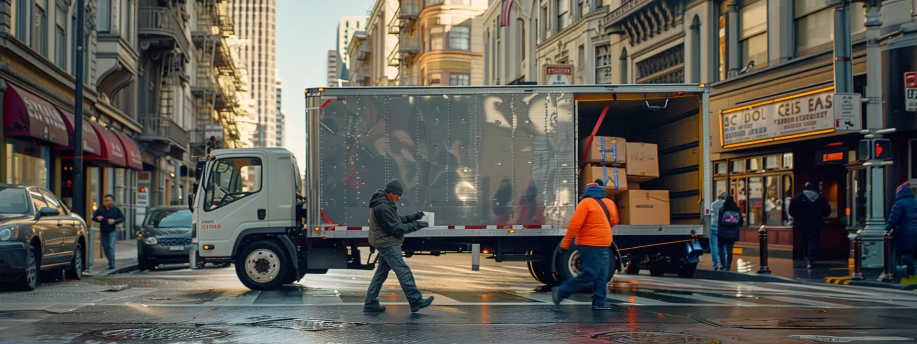 A Professional Moving Crew Carefully Loading Boxes Into A Moving Truck In The Bustling Streets Of Downtown San Francisco.