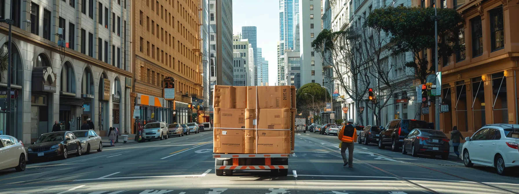 A Professional Moving Crew Efficiently Transports Office Furniture Through The Bustling Streets Of Downtown San Francisco, Showcasing Cost-Saving Benefits Of Expert Movers In A Vibrant Urban Setting.