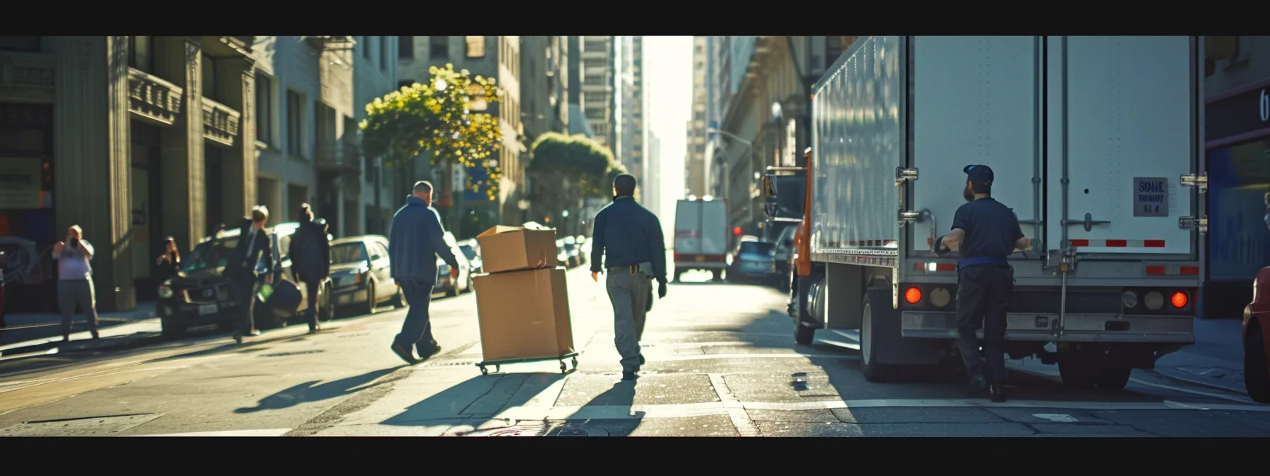 A Professional Moving Crew Expertly Maneuvering Through The Bustling Streets Of Downtown San Francisco, Ensuring The Safe Transport Of Furniture And Belongings.