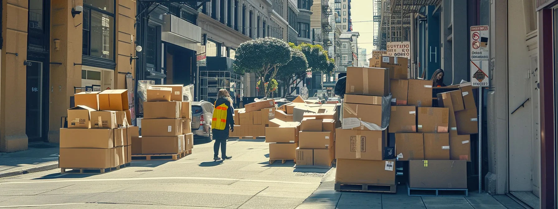 A Professional Moving Crew Surrounded By Stacks Of Labeled Moving Boxes In The Bustling Downtown Of San Francisco.