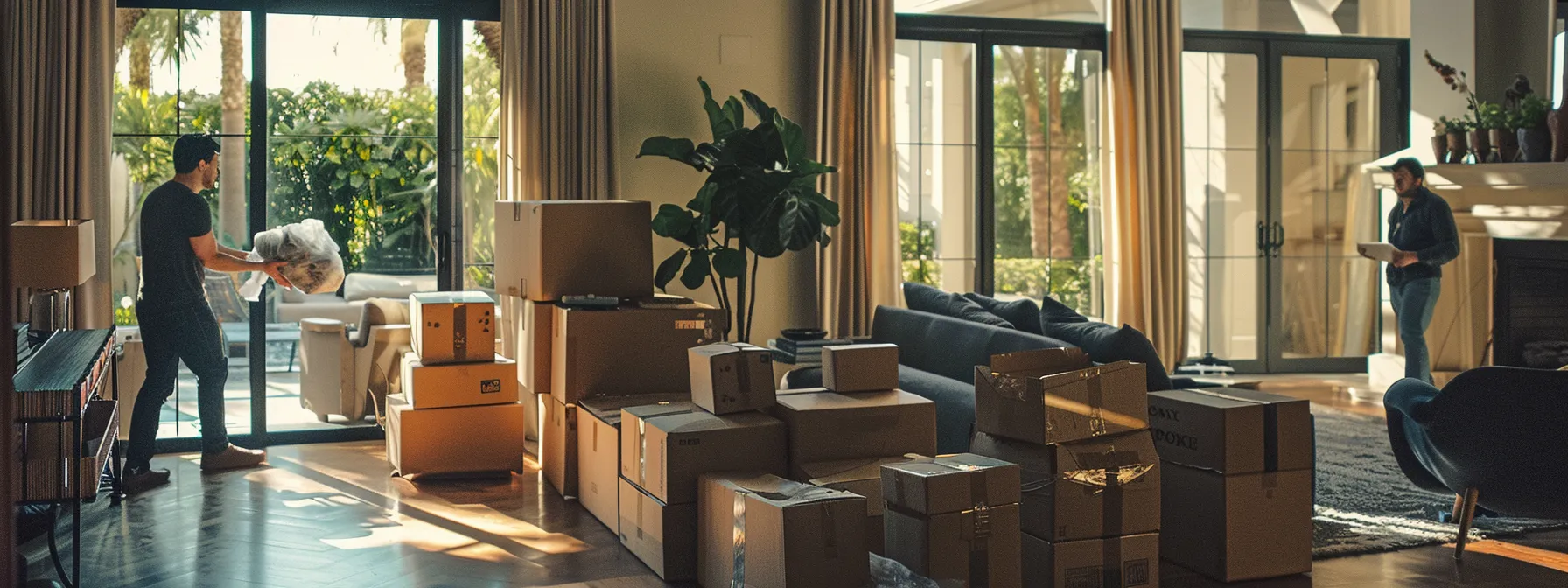 A Professional Moving Team Carefully Packing Delicate Items In A Spacious Living Room In Orange County.