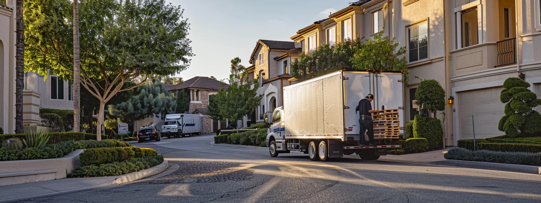 A Professional Moving Team Carefully Loading Furniture Into A White Moving Truck Parked In An Upscale Neighborhood In Irvine, Ca.