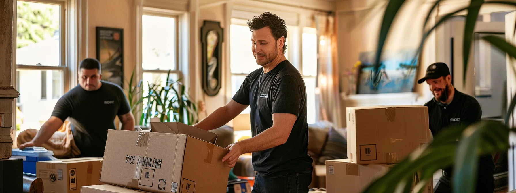 A Professional Moving Team Carefully Packing Boxes In A Cozy San Francisco Apartment, Showcasing Efficiency And Expertise In The Relocation Process Near Downtown San Francisco.