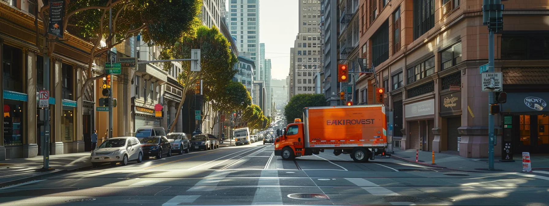 A Professional Moving Team Expertly Maneuvering Through The Bustling Streets Of Downtown San Francisco.