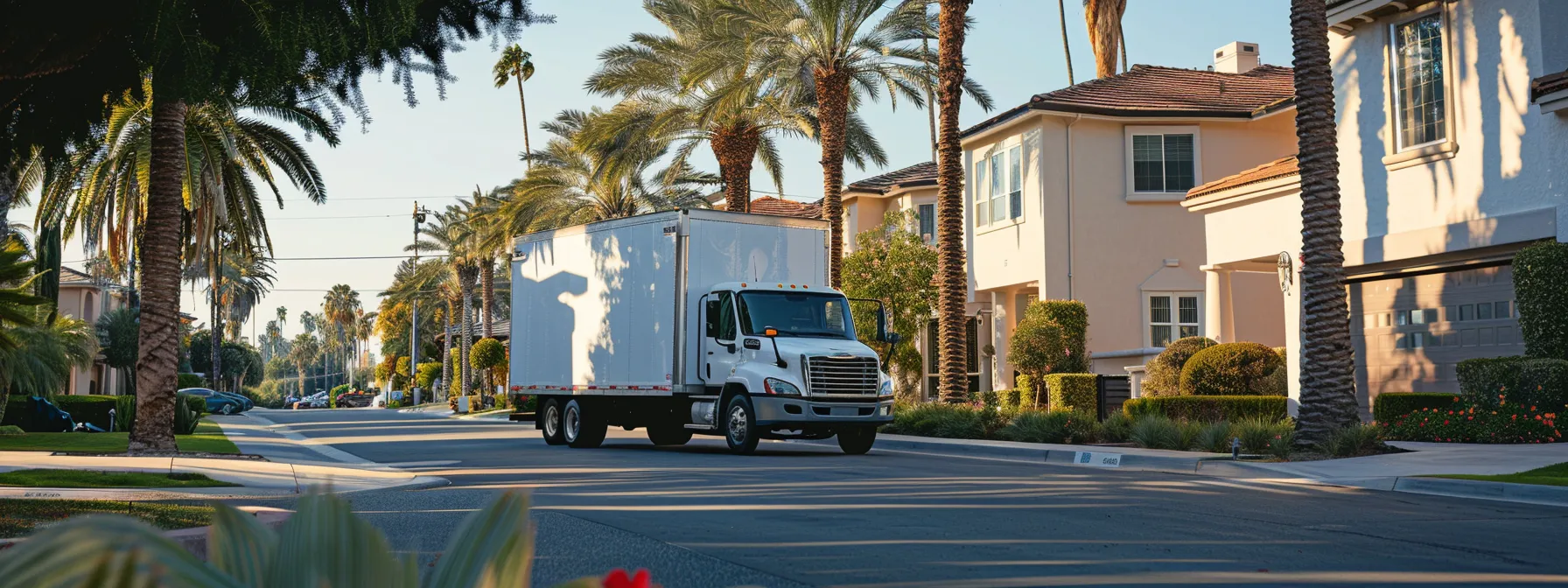 A Professional Moving Truck Parked In A Quiet Irvine Neighborhood, Ready To Assist With Top-Rated Orange County Moving Services. (Scene: A Professional Moving Truck In A Peaceful Irvine Neighborhood)