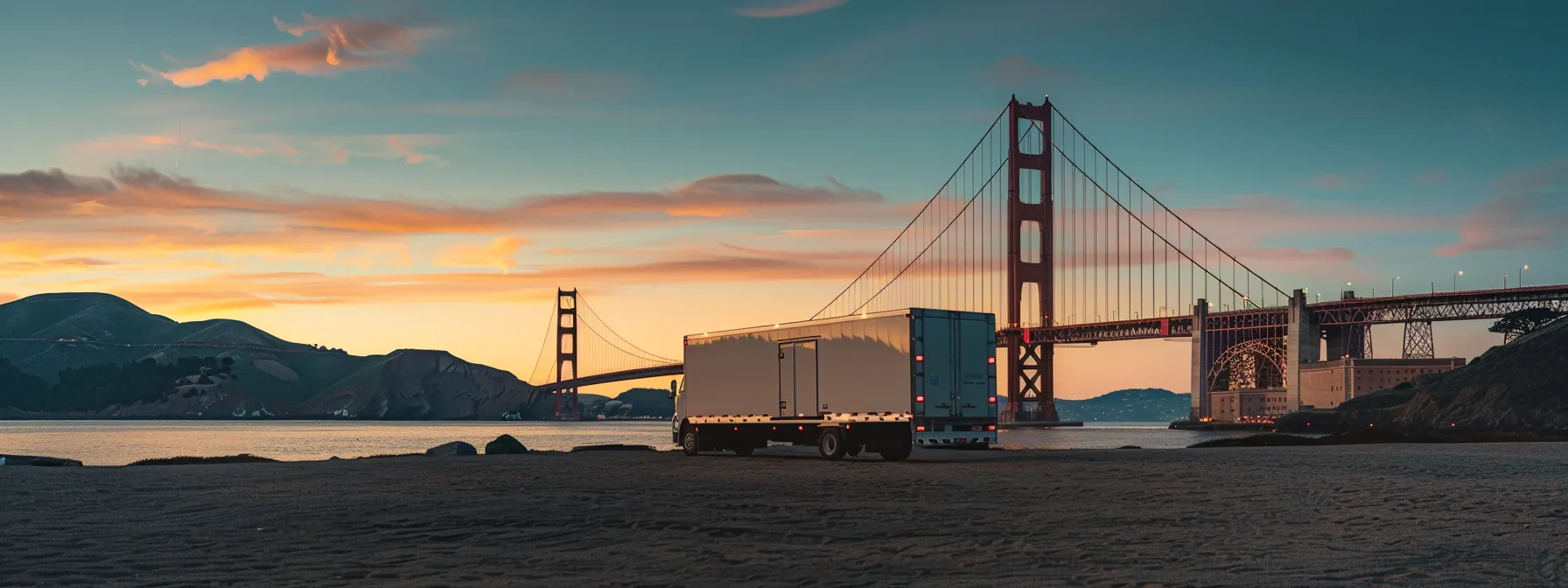 A Professional Moving Truck Parked In Front Of The Iconic Golden Gate Bridge In San Francisco, Ready To Transport Belongings For A Cross-Country Relocation.