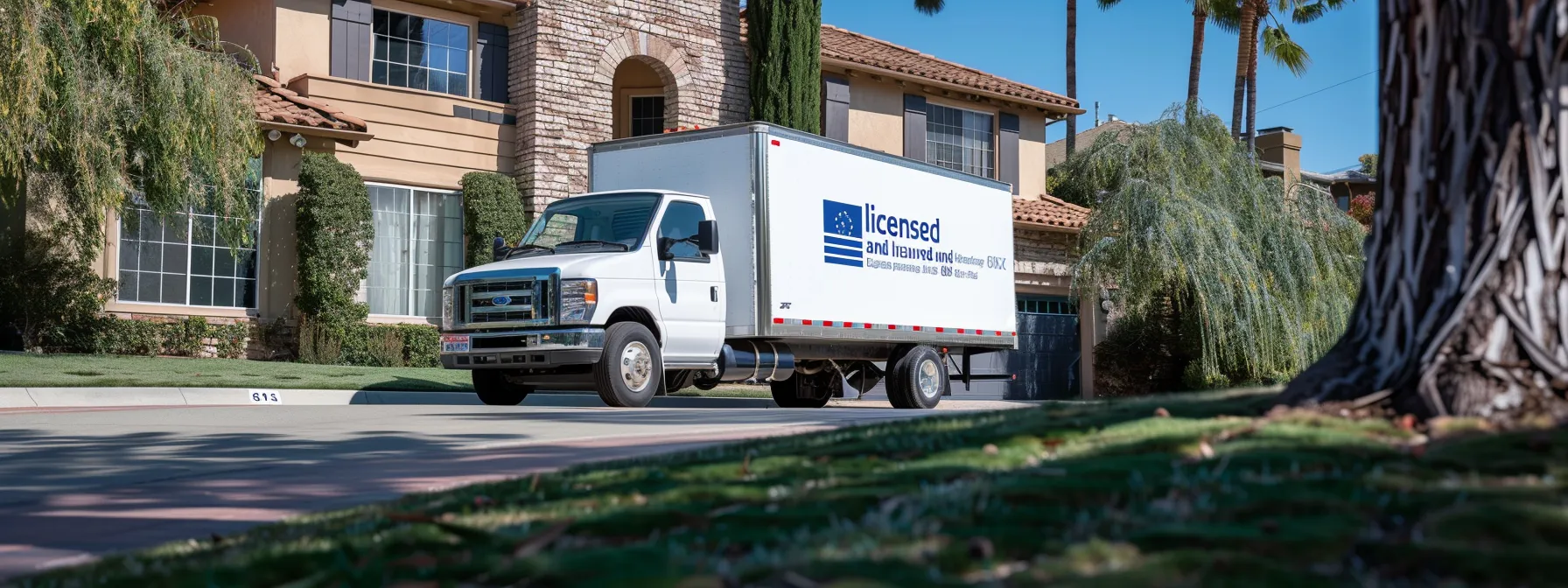 A Professional Moving Truck Parked In Front Of A Suburban Home In Irvine, Ca, Featuring A Bold Logo With 