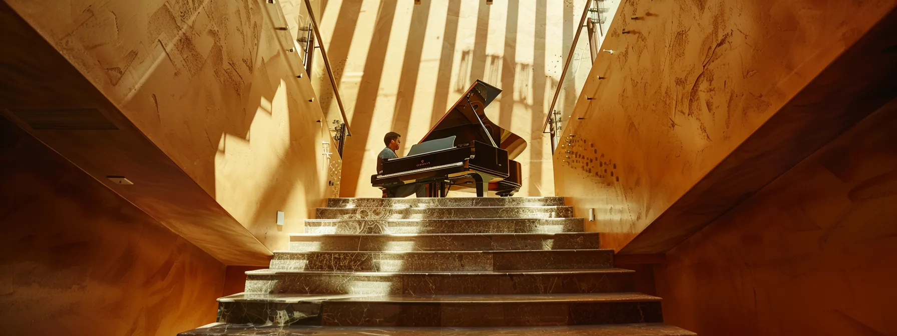 A Professional Piano Mover Carefully Maneuvering A Grand Piano Through A Narrow Staircase In Irvine, Ca.