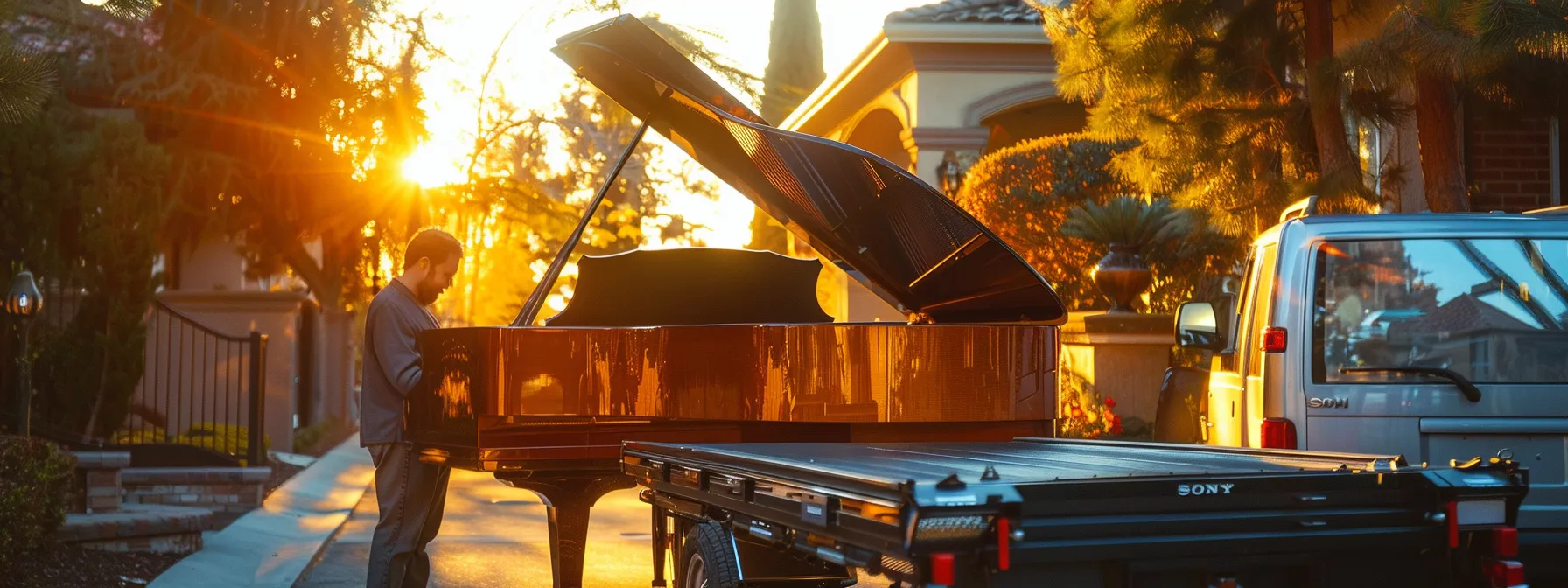 A Professional Piano Mover Carefully Securing A Grand Piano Onto A Specialized Moving Truck In Irvine, Ca.