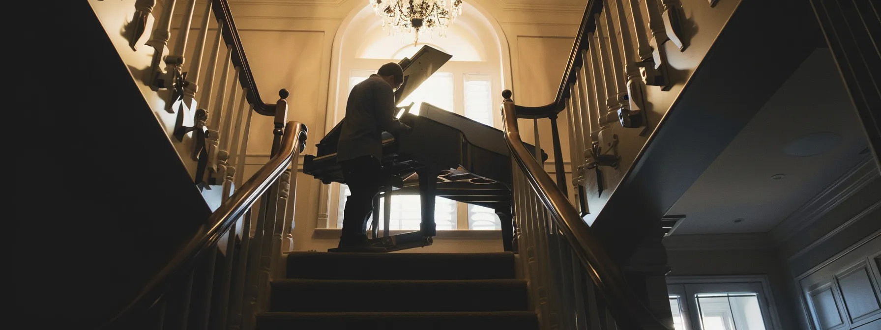 A Professional Piano Mover Carefully Maneuvering A Grand Piano Down A Narrow Staircase In Orange County, Showcasing Precision And Expertise.