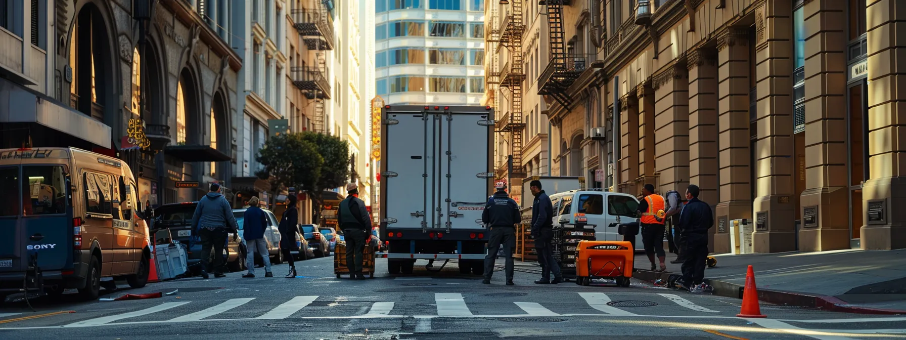 A Professional Team Of Office Movers Navigating Steep Streets Of Downtown San Francisco With Specialized Equipment For A Smooth Relocation Process.