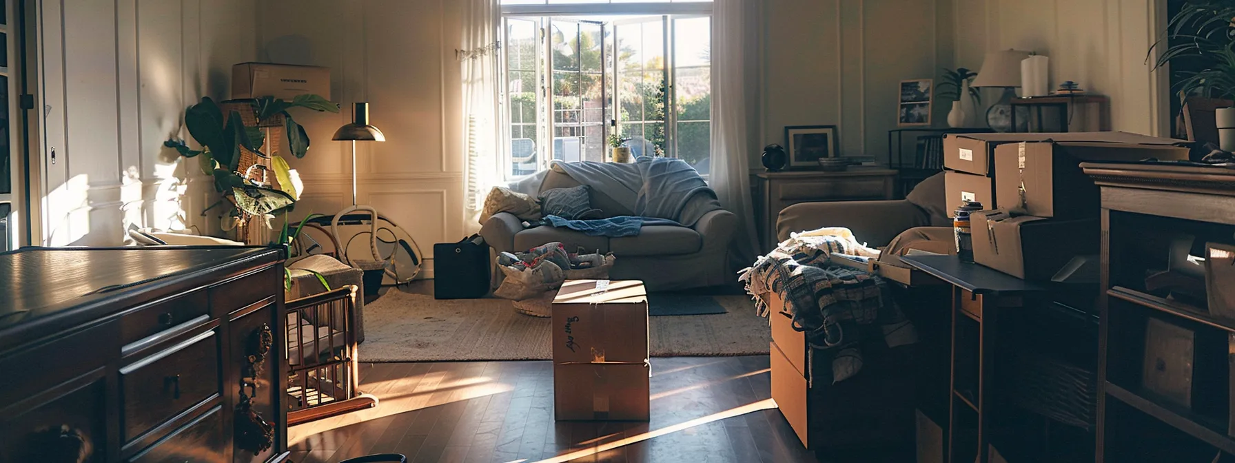 A Professional Team Swiftly Packing Belongings In A Spacious Living Room, Ready For An Emergency Relocation In Orange County.