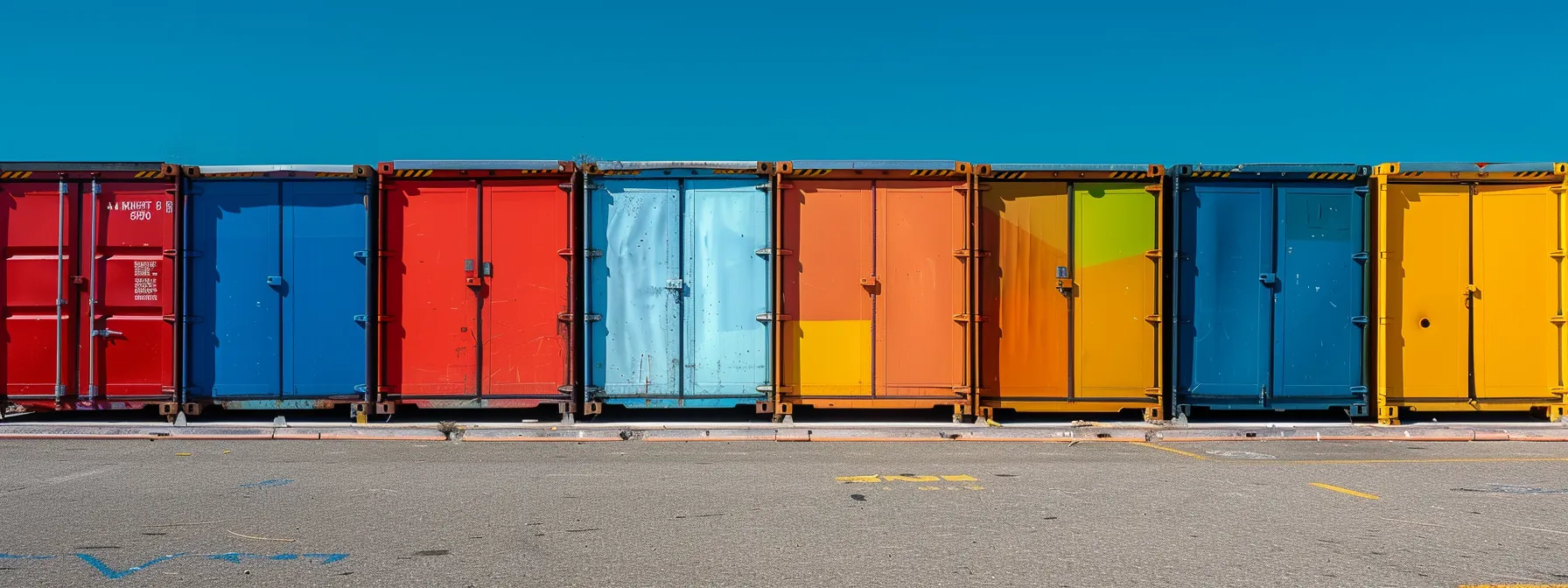 A Row Of Brightly Colored Portable Storage Containers Lined Up Neatly Under The California Sun In Irvine, Ca.