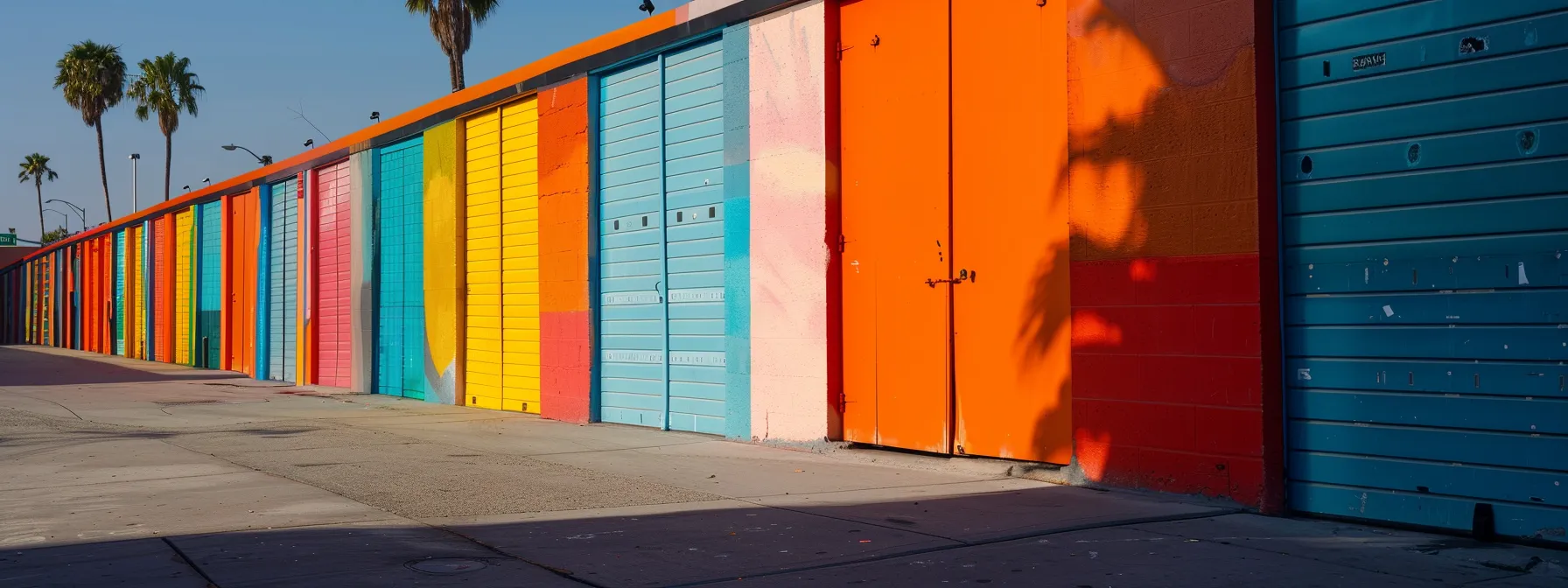 A Row Of Brightly Colored Secure Storage Units With Easy Access, Located Near Public Transportation And Highways In Los Angeles.