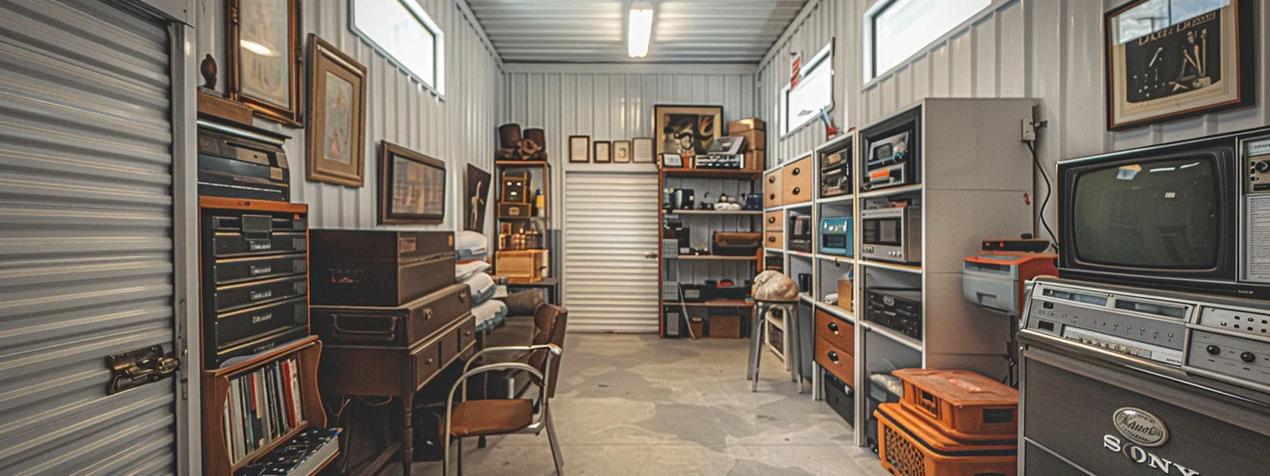 A Row Of Climate-Controlled Storage Units In Orange County, With A Variety Of Electronic Devices, Artwork, And Antiques Neatly Organized Inside.