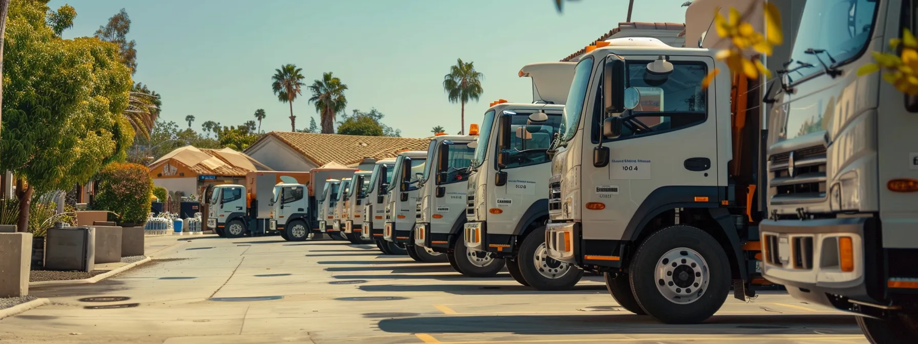 A Row Of Moving Trucks Lined Up In An Industrial Yard, Showcasing The Experience And Reputation Of Orange County Moving Services With Logos Of Industry Accreditations And Awards On Display.