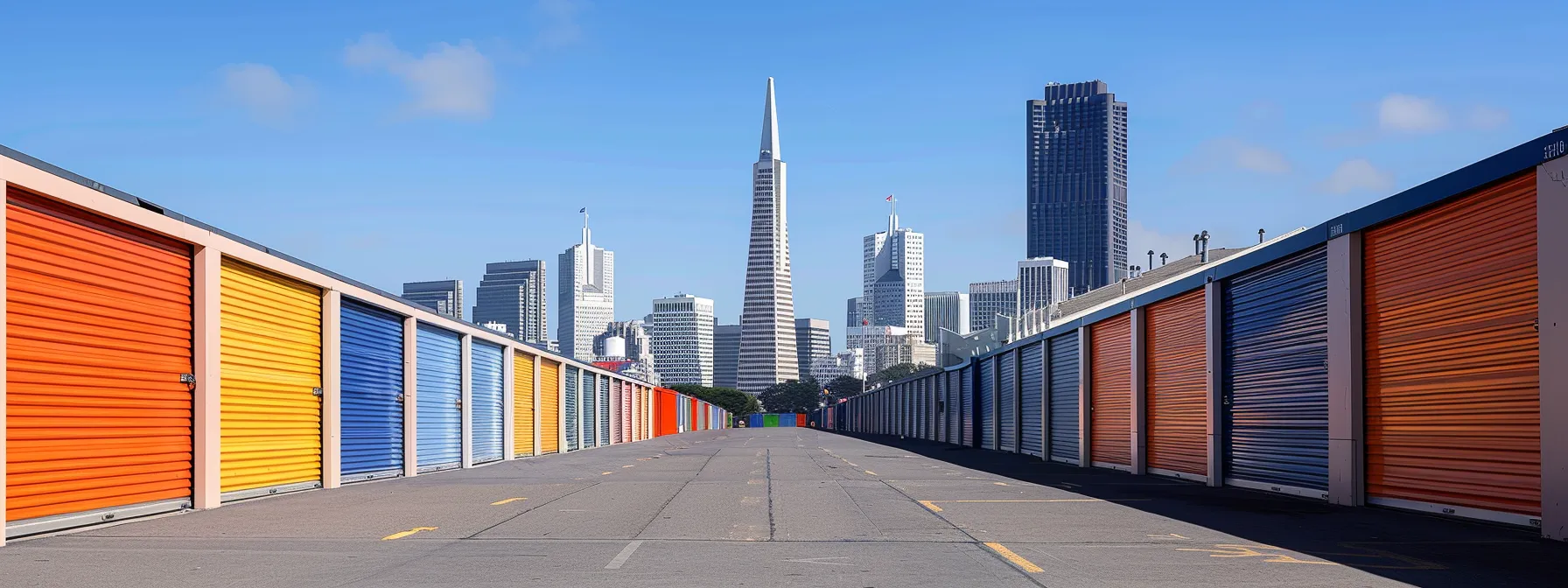 A Row Of Various Sized Storage Units Set Against The Iconic San Francisco Cityscape, Showcasing Different Pricing Options And Dimensions, With The Transamerica Pyramid Visible In The Background.