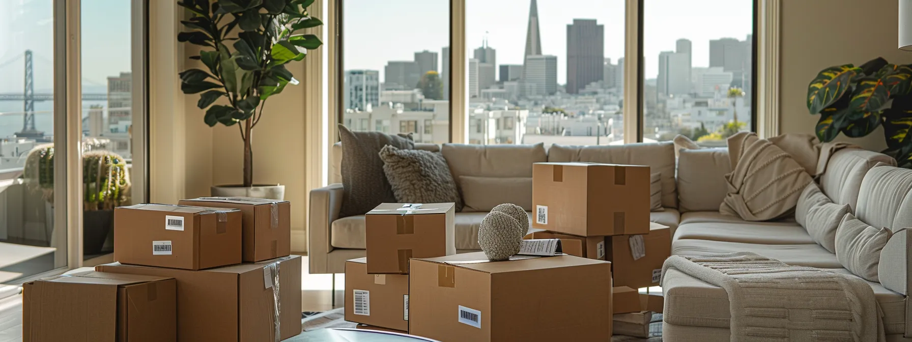 A Serene Living Room With Moving Boxes Neatly Labeled And Stacked, Overlooking The Iconic Skyline Of Downtown San Francisco.