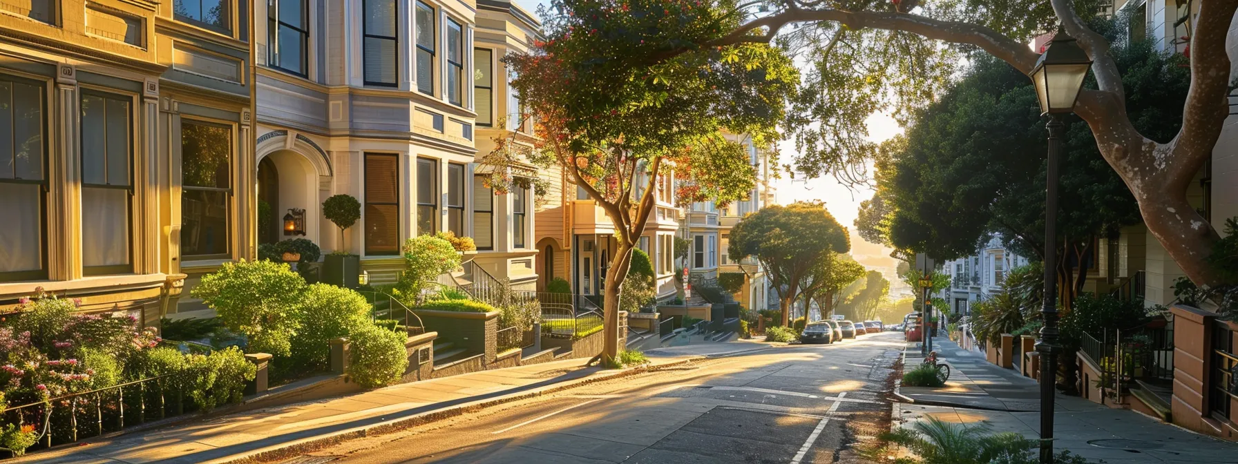 A Serene Residential Street In Downtown San Francisco, Showcasing A Vibrant Community With Parks, Cafes, And Schools Within Walking Distance.