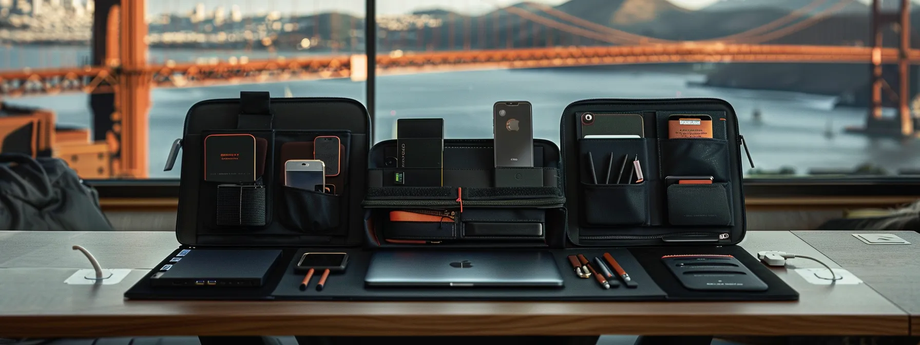 A Sleek Black Tech Organizer Neatly Holding Essential Gadgets And Chargers With The Iconic Golden Gate Bridge In The Background, Showcasing Efficient Organization For Busy San Franciscans On-The-Go In Downtown San Francisco.