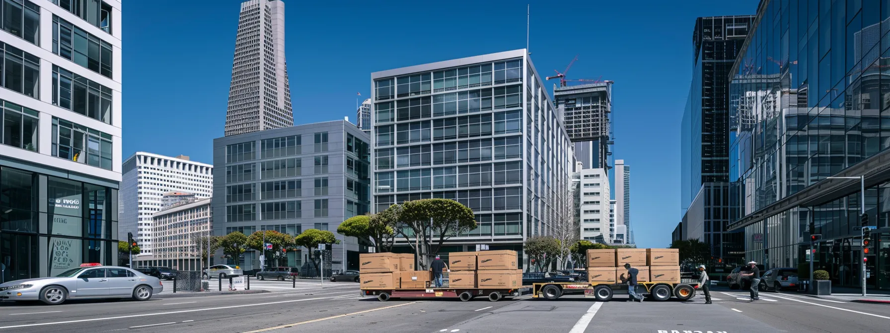 A Sleek, Modern Office Building With Movers Transporting Boxes Labeled With The Company Logo, Under Clear Blue Skies In Downtown San Francisco.