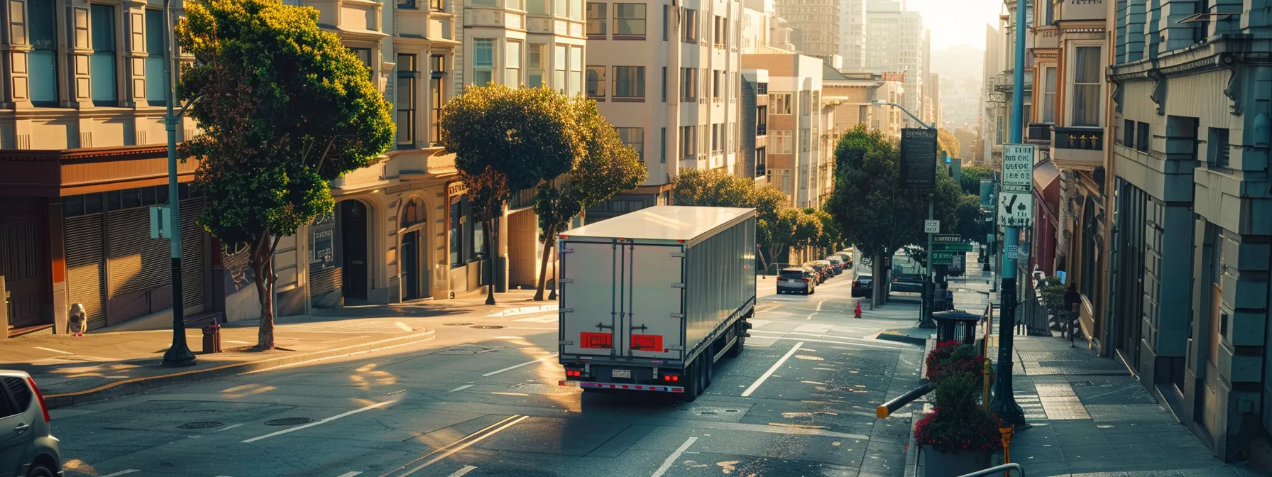 A Sleek Moving Truck Navigating The Hilly Streets Of Downtown San Francisco, Showcasing The Costly Endeavor Of Long-Distance Relocation.