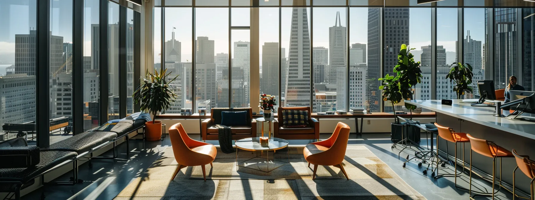 A Sleek Office Space Overlooking The Iconic San Francisco Skyline, Filled With Modern Furniture And Bustling Employees, Showcasing A Seamless Business Relocation In Progress.